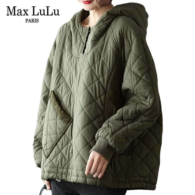 

Max LuLu 2021 Winter Womens Loose Hooded Design Coat European Style Female Casual Patchwork Quilted Jackets Vintage Warm Clothes