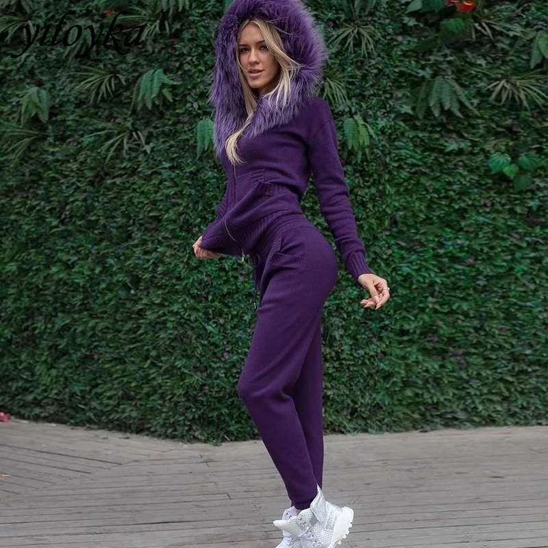 Женские Большие меховые толстовки свитер + брюки комплект из двух предметов