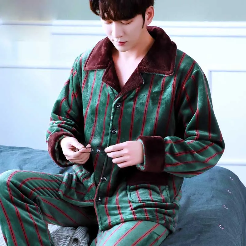 Coral Fleece Men Pajama Set AUtumn Winter Soft Thicken Cartoon Printed Flannel Sleepwear 2pcs/set Tops + Warm Pants Home Clothes