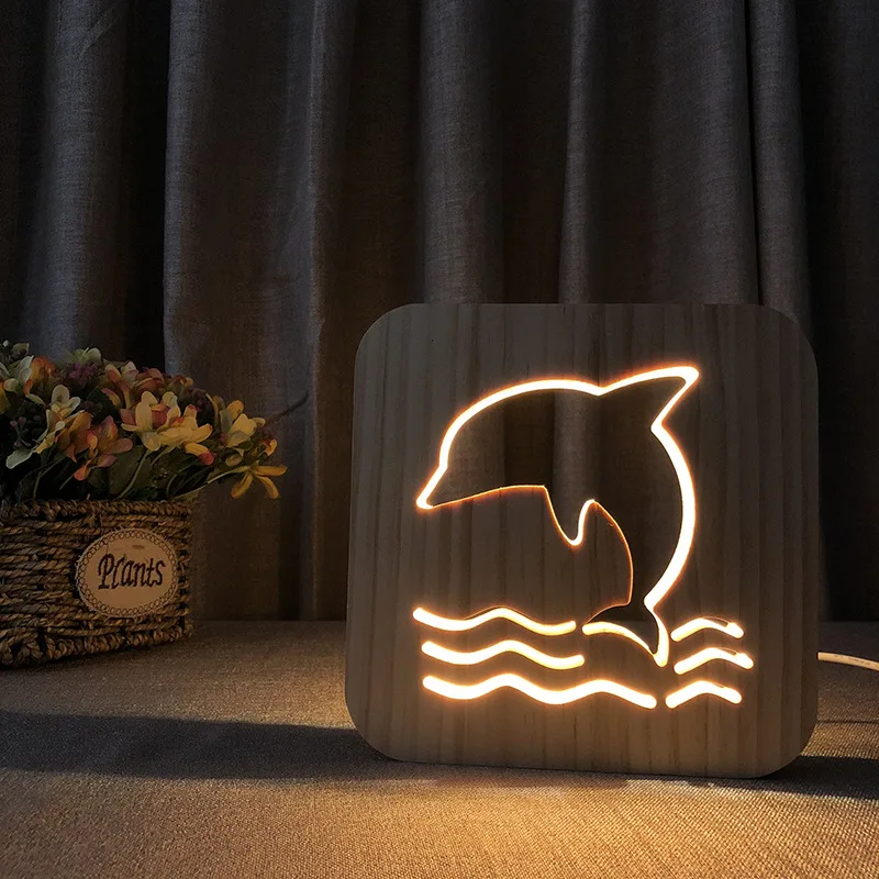 New Creative Products Dolphin Night Light Led Wooden Headlights Solid Wood 3D Lights Christmas Lights Led Lights Decoration