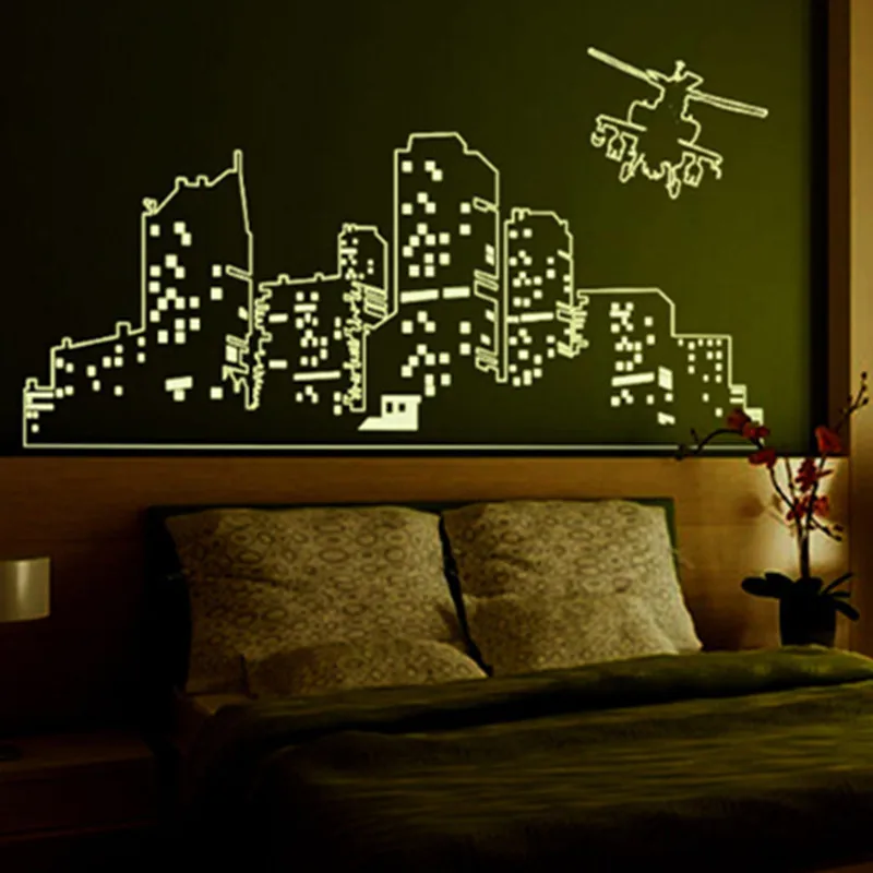 Большие флуоресцентные светящиеся виниловые настенные наклейки Город ночного