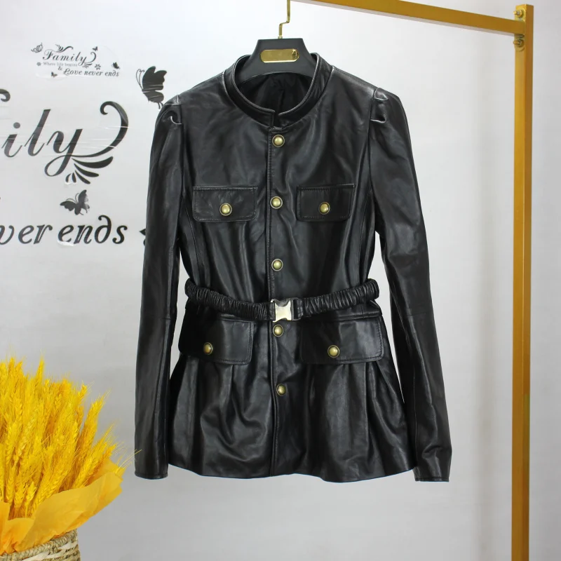 

Spring Autumn 2021 New Designer Women's High Quality SheepSkin Genuine Leather Belt coat C915
