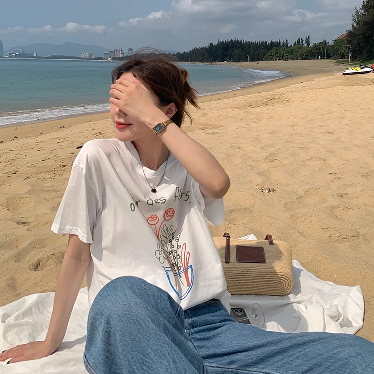 

Loose Letter Flower Printed Causal Cotton Street Fresh Basic Short Sleeve O-neck Women Spring Summer Top T-shirts