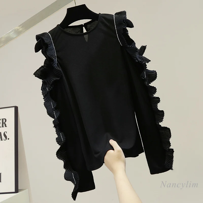 

Pleated Ruffled Patchwork Off-Shoulder Long Sleeved Sweater Women Korean-Style Slim-Fit Ice Silk Thin Knitted Top Jumer Femme