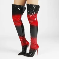 black red gradient color high heel thigh high boots womens stiletto shoes back zipper over knee big size 47