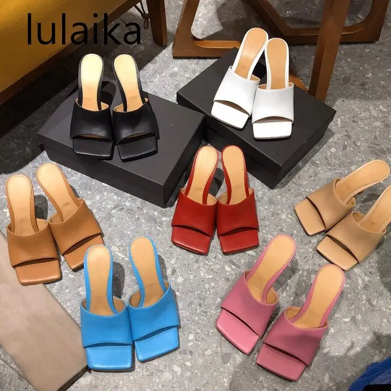 

2021 Summer New Pumps Women Slippers Square High Heels Ladies Open Toe Genuine Leather Shoes Candy Color Fashion Female Pumps