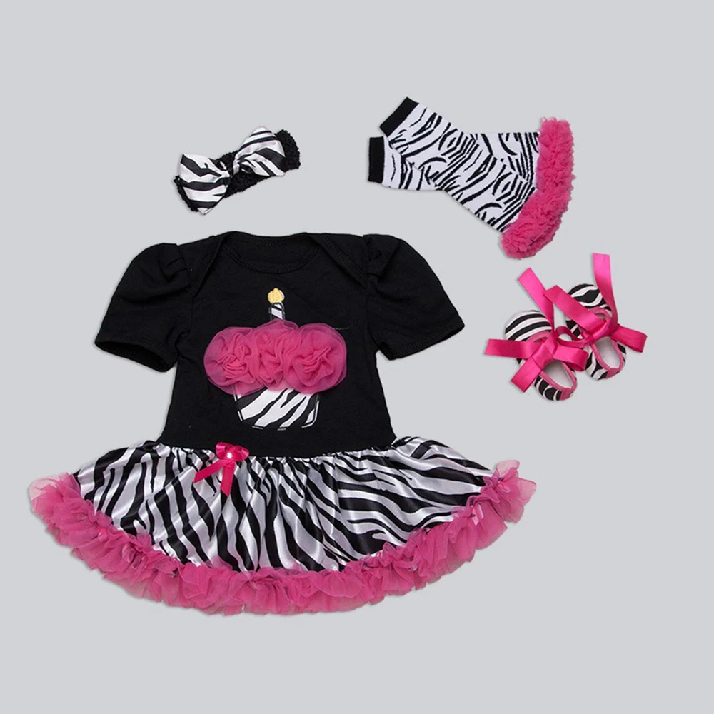Baby Birthday Clothes Black Zebra Girl Romper Headband Sock Shoes 4pcs Set Cupcake Tutu Roupa Newborn | Детская одежда и обувь