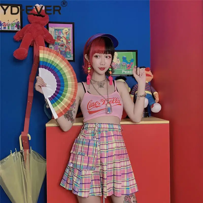 Женская юбка карго в радужную клетку Пастельная плиссированная мини с цепочкой и