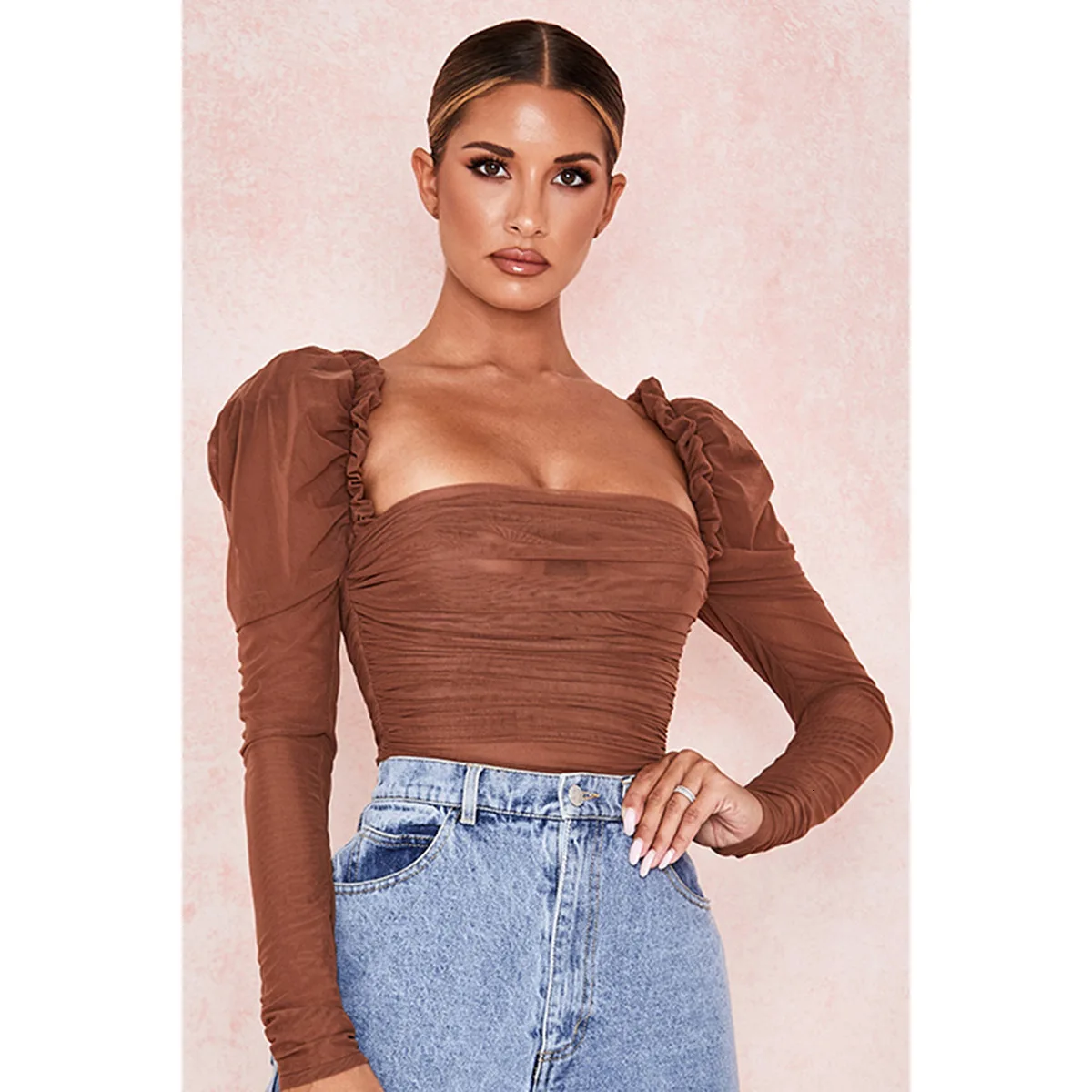 Женское облегающее боди Fuedage Сетчатое платье с рюшами и длинными рукавами