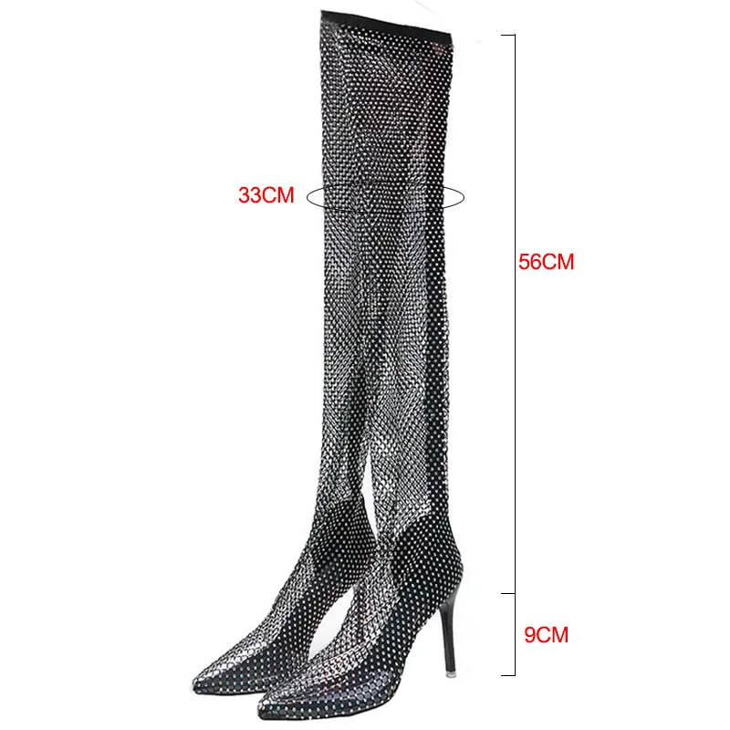 

Rhinestone Over the Knee Bling Summer Female Sexy Thigh High Heel Crystal Sock Long Boots Mesh Shoes for Women 2021 Diamond Pump