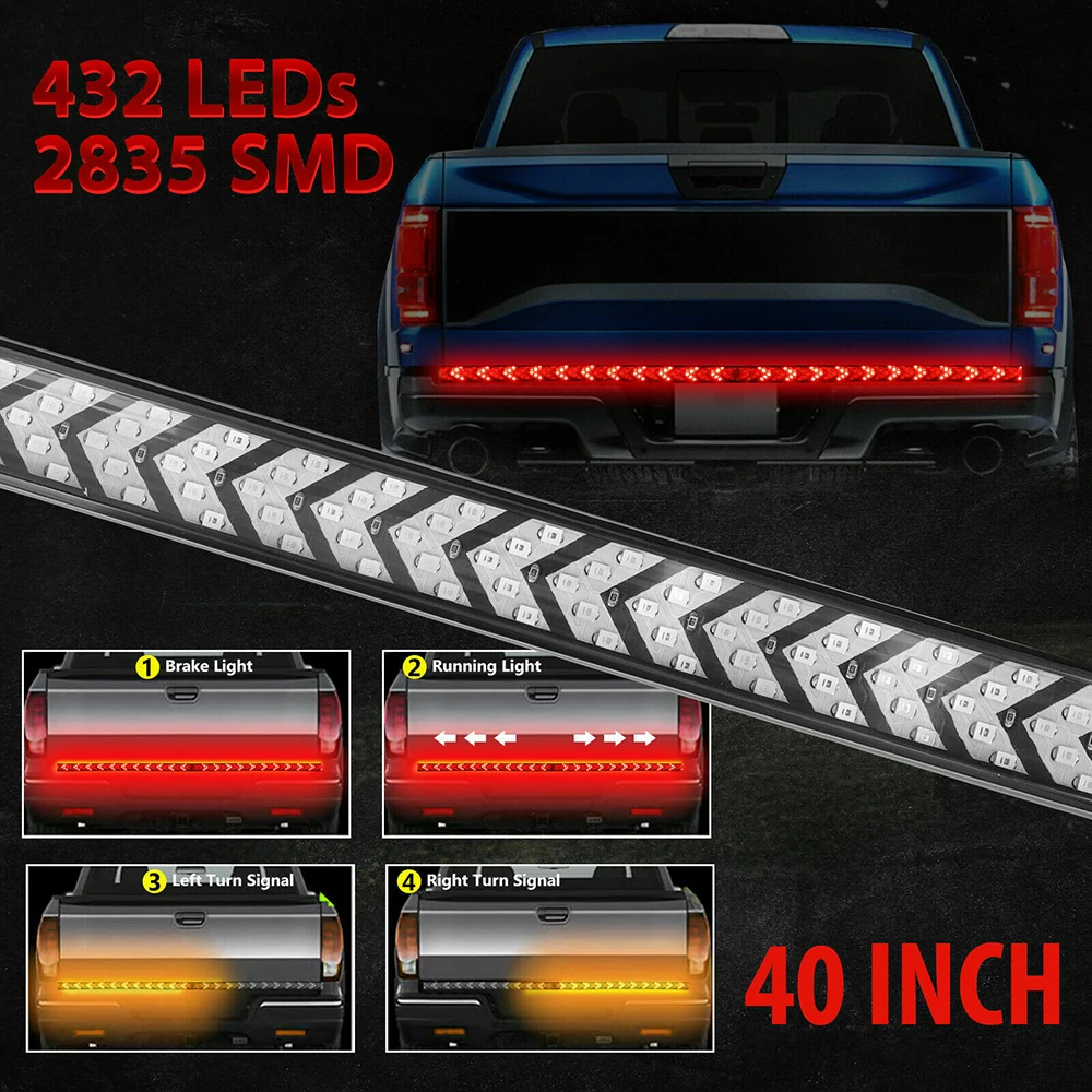 

40" 12V Truck Tailgate Strip LED Sequential Yellow Turn Signal Red Running Brake Tail Reverse Light Bar Backup Tail light Strip