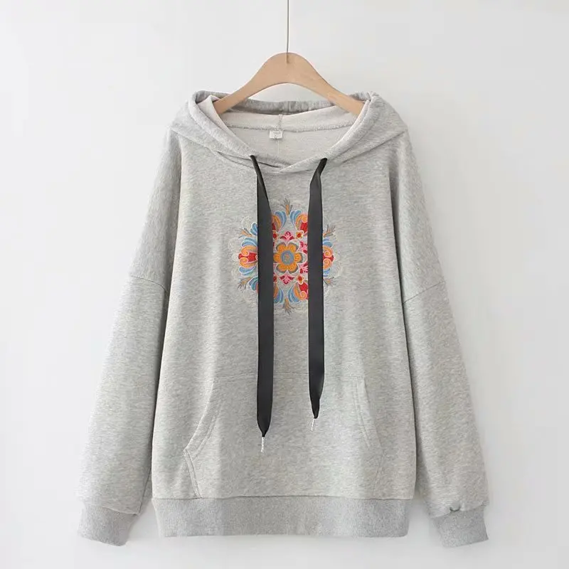 

Plus size hooded embroidery kangaroo pocket Women's Sweatshirts 2021 fashion solid color spring autum pullover Woman clothes