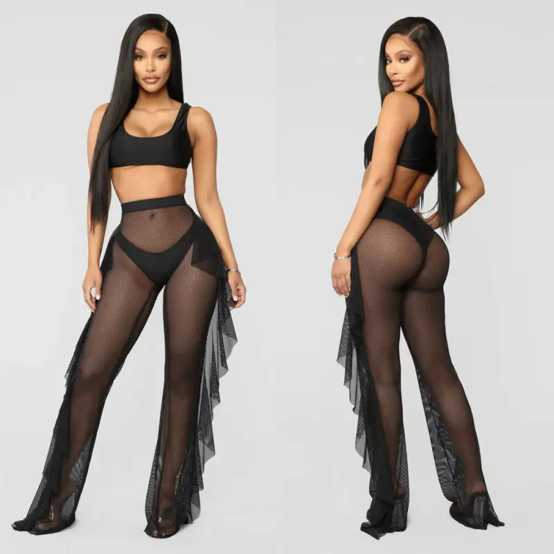 Women Full Length Wide Leg Trousers Party Mesh Sheer Ruffle Beach Cover Up Pants High Waist Flared Palazzo Boho | Женская одежда