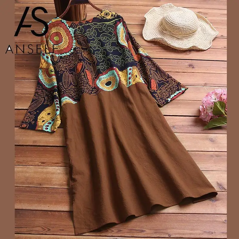 Женское льняное платье с разрезом на подоле винтажное из хлопка и льна принтом