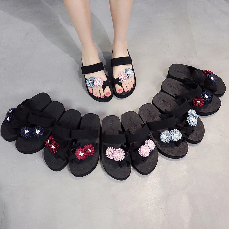 

2021 New Arrival Women Chunky Sandals High Heels Wedges Flip Flops Lady Pure Color Water Floral Summer Shoes Plus Size 40 41 42