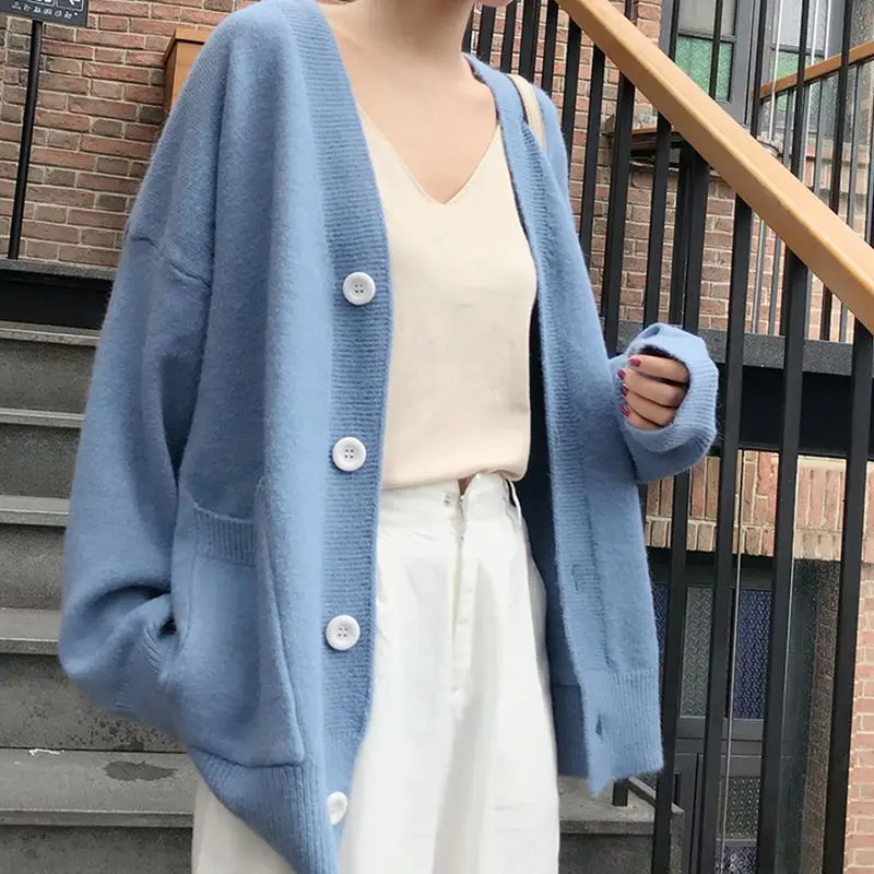 

Cardigan for women Sweater Loose Korean version Double pocket Women's sweater V-Neck Long Sleeve Sweater women Jacket women