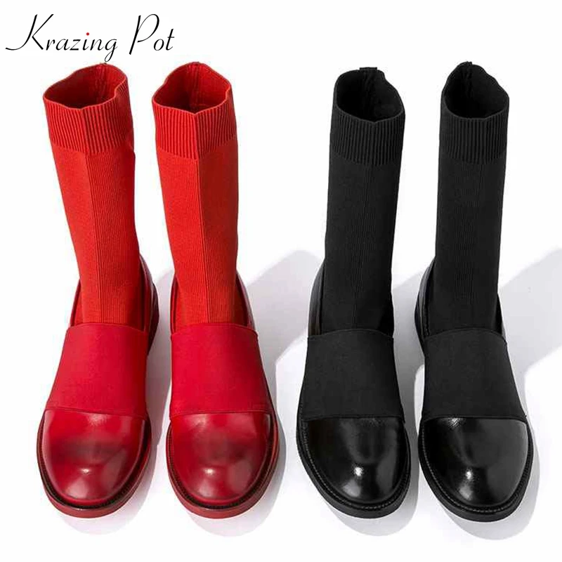 Krazing pot/модные ботинки из коровьей кожи без застежки на низком каблуке, с круглым носком, смешанные цвета, эластичные Винтажные ботинки дизайнерские вязаные сапоги до середины икры, l23