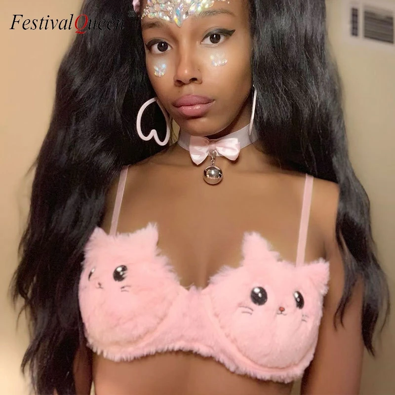 Розовый пушистый животный топ с вышивкой Спагетти ремень без рукавов открытая