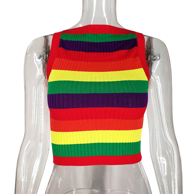

2021 Summer Woman Sleeveless Rainbow Printed Tank Tops Tops Streetwear Crop Tops Vest Red Sexy Knitted Tank Top Female Clothes