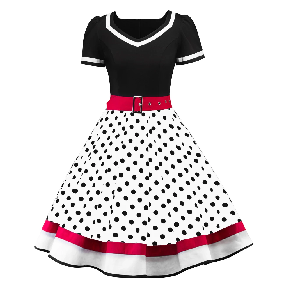 Joineles женское ретро платье в горошек v образный вырез короткие рукава высокая