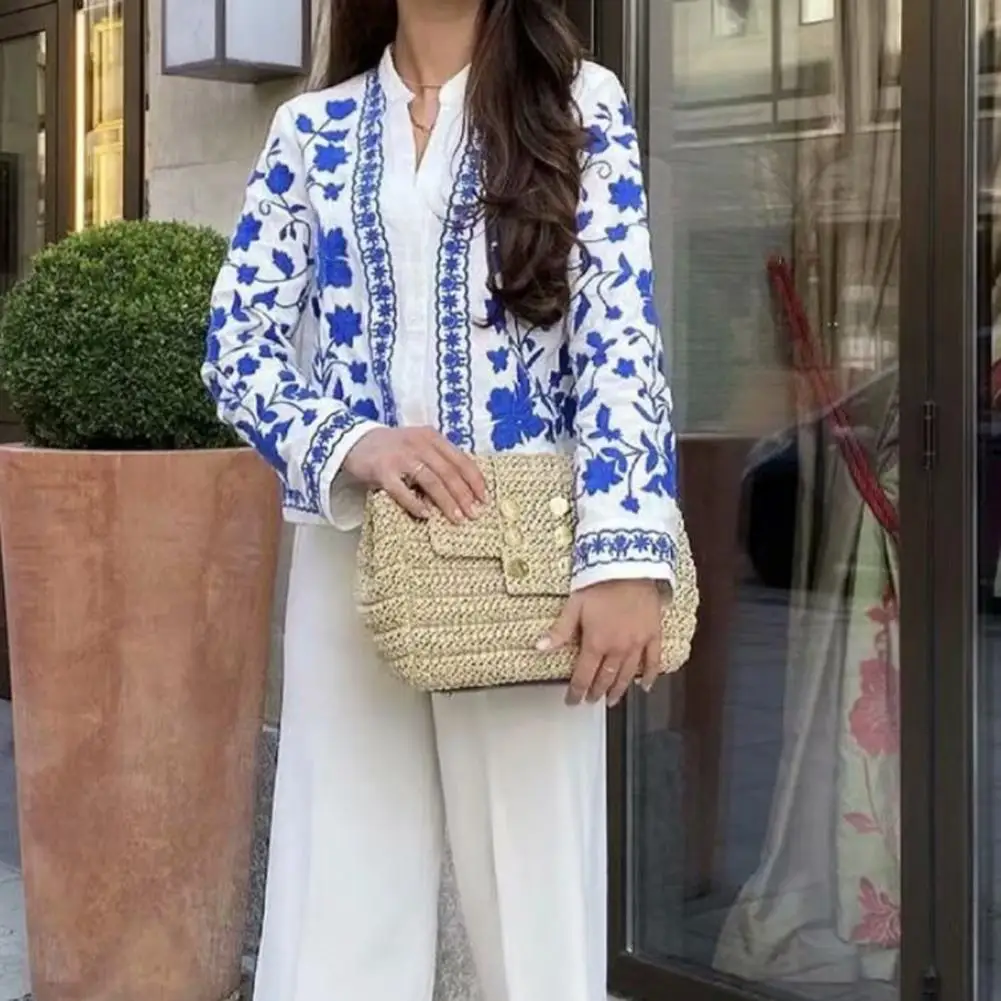 

New Fashion Shirt V-Neck Long Sleeve Single-breasted Floral Embroidery Women Blouse for Daiting 2021 Button Straight Cut Desig