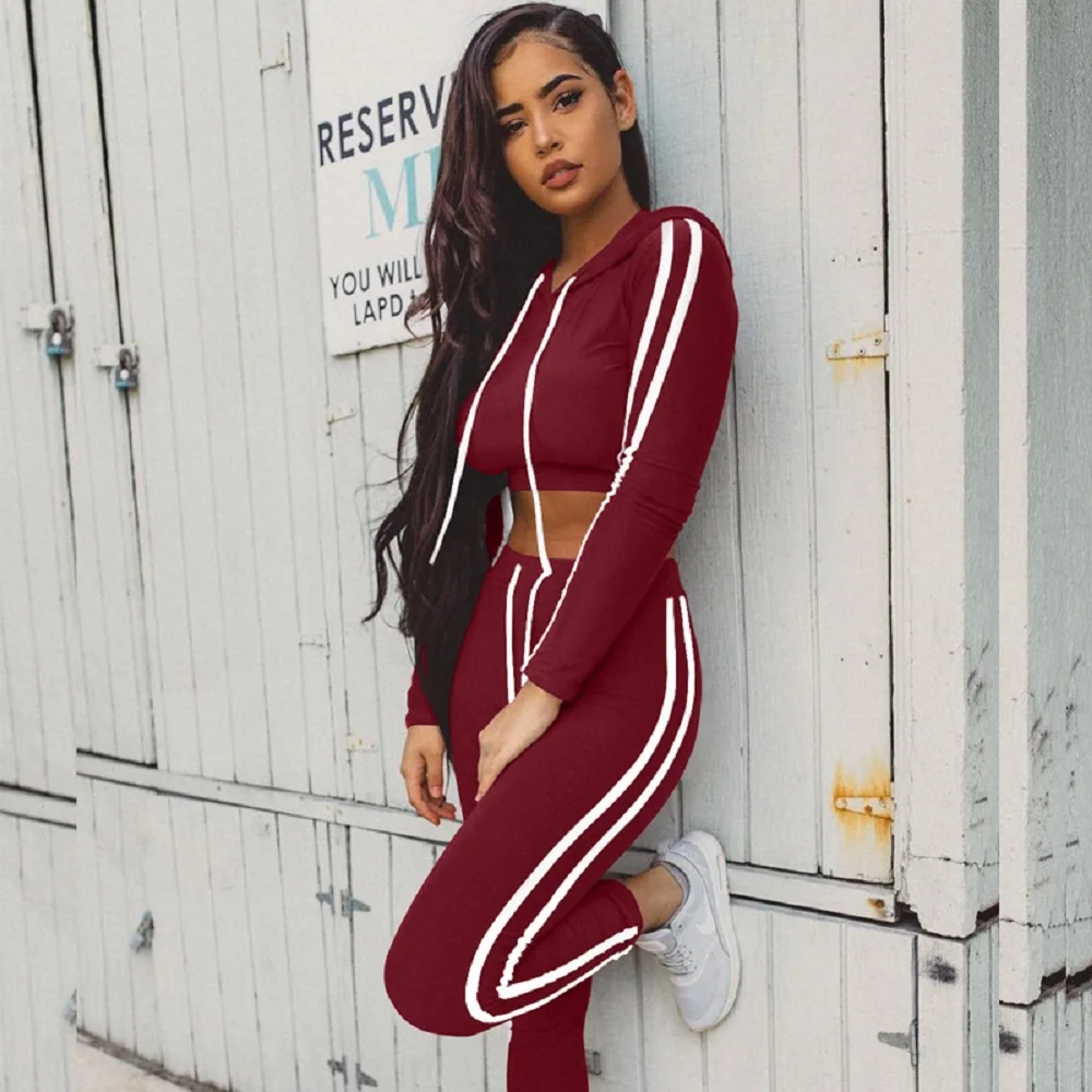 

2021 Ladies Women's Autumn And Winter New Sports Suit Sexy Drawstring Stripe Stitching Two-Piece Female
