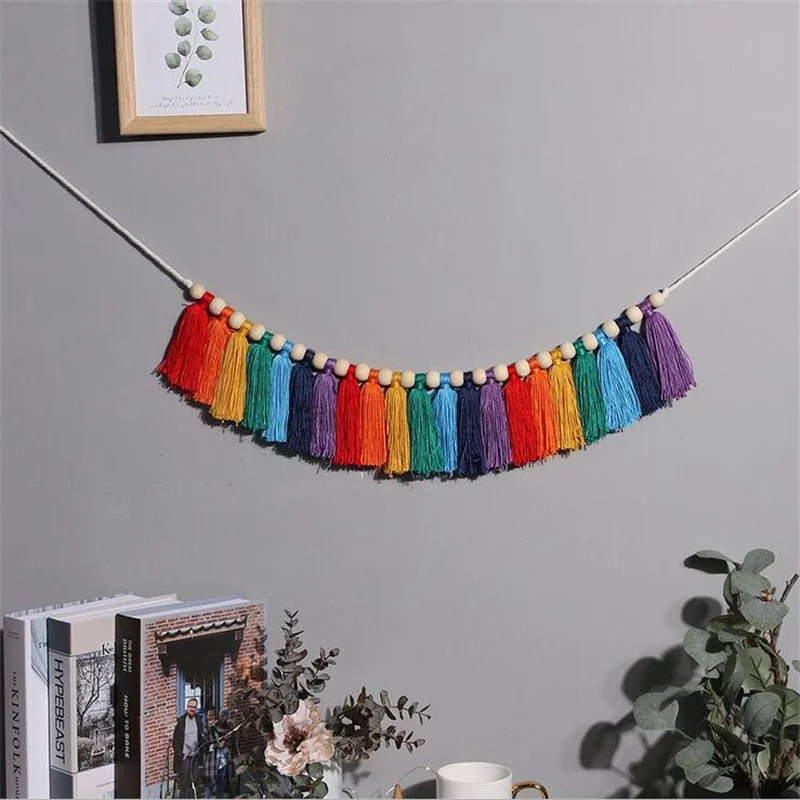 

1Pc Hand-woven Home Tapestry Tassel Color Wooden Beads Wall Hanging Creative Room Wall Decoration