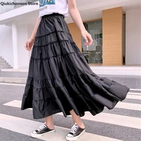 qiukichonson summer high waist a line ruffle white black long skirts womens maxi skirt chiffon rokjes