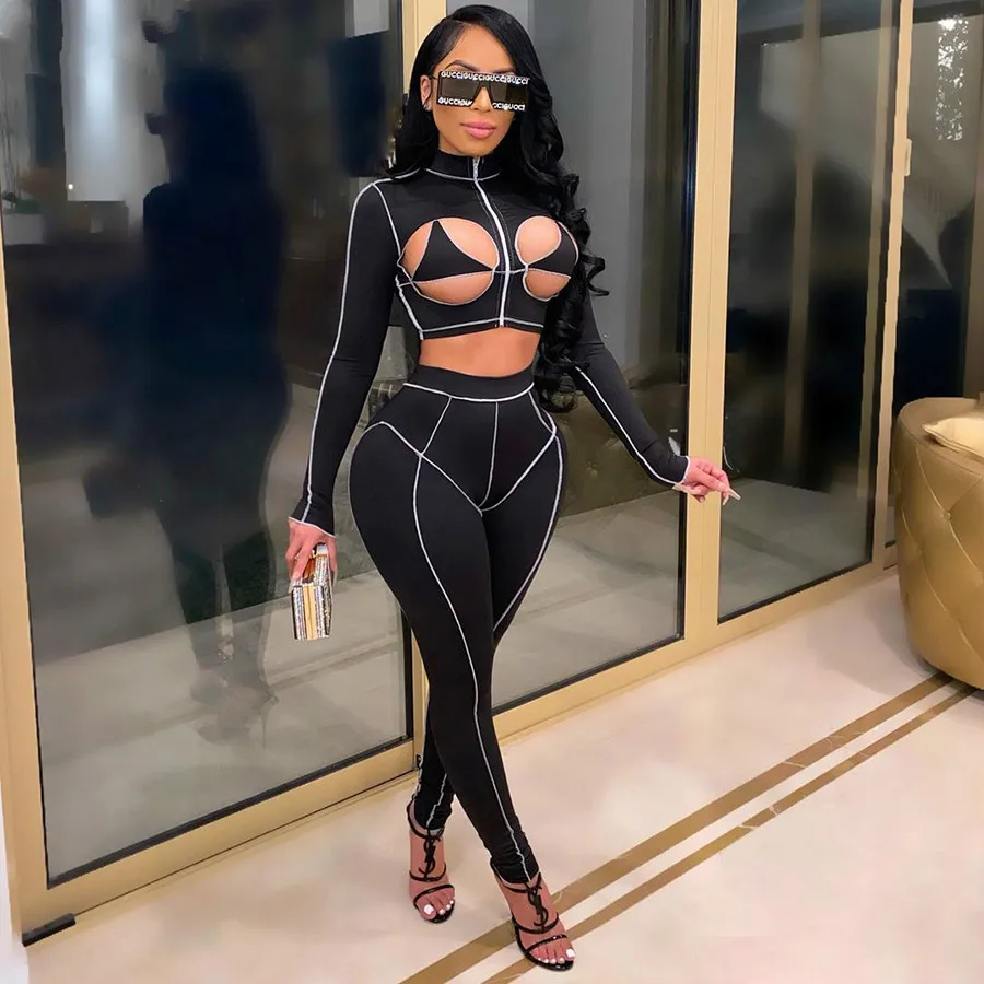 

Patchwork Hollow Out Two Piece Set Women Tracksuit Chic Zipper Crop Tops Leggings Co-Ord Striped Undefined Streetwear
