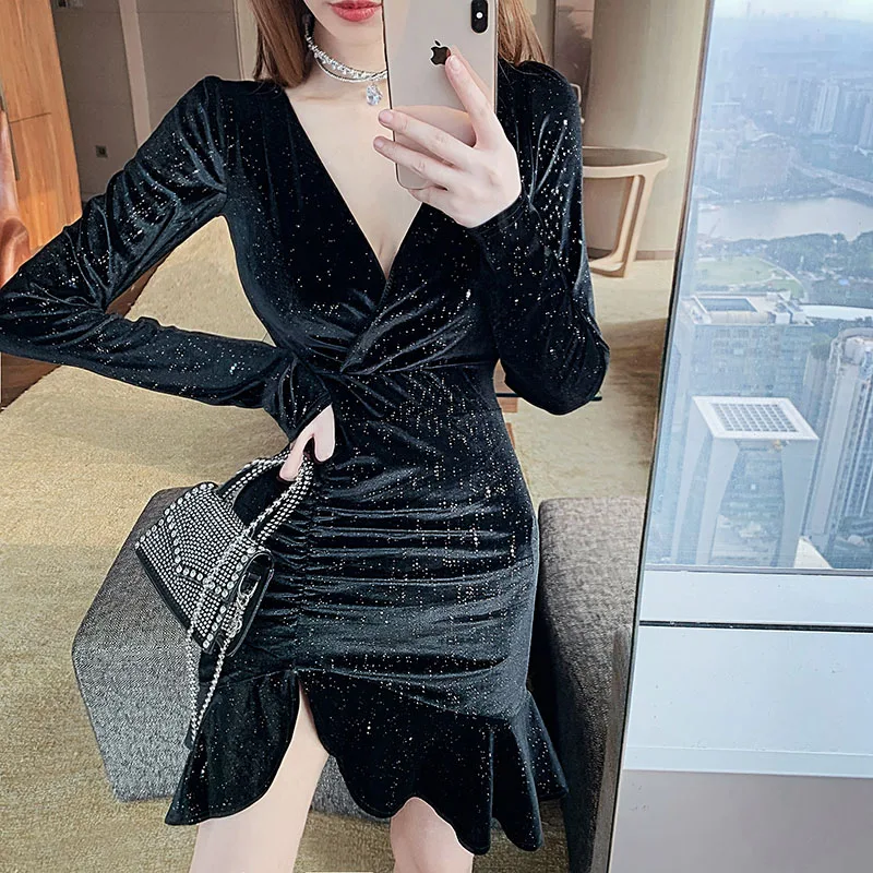 

High quality Velvet Long Sleeve mini Dress for women sexy Black bandage short dress spring 2021 female high waist fashion club