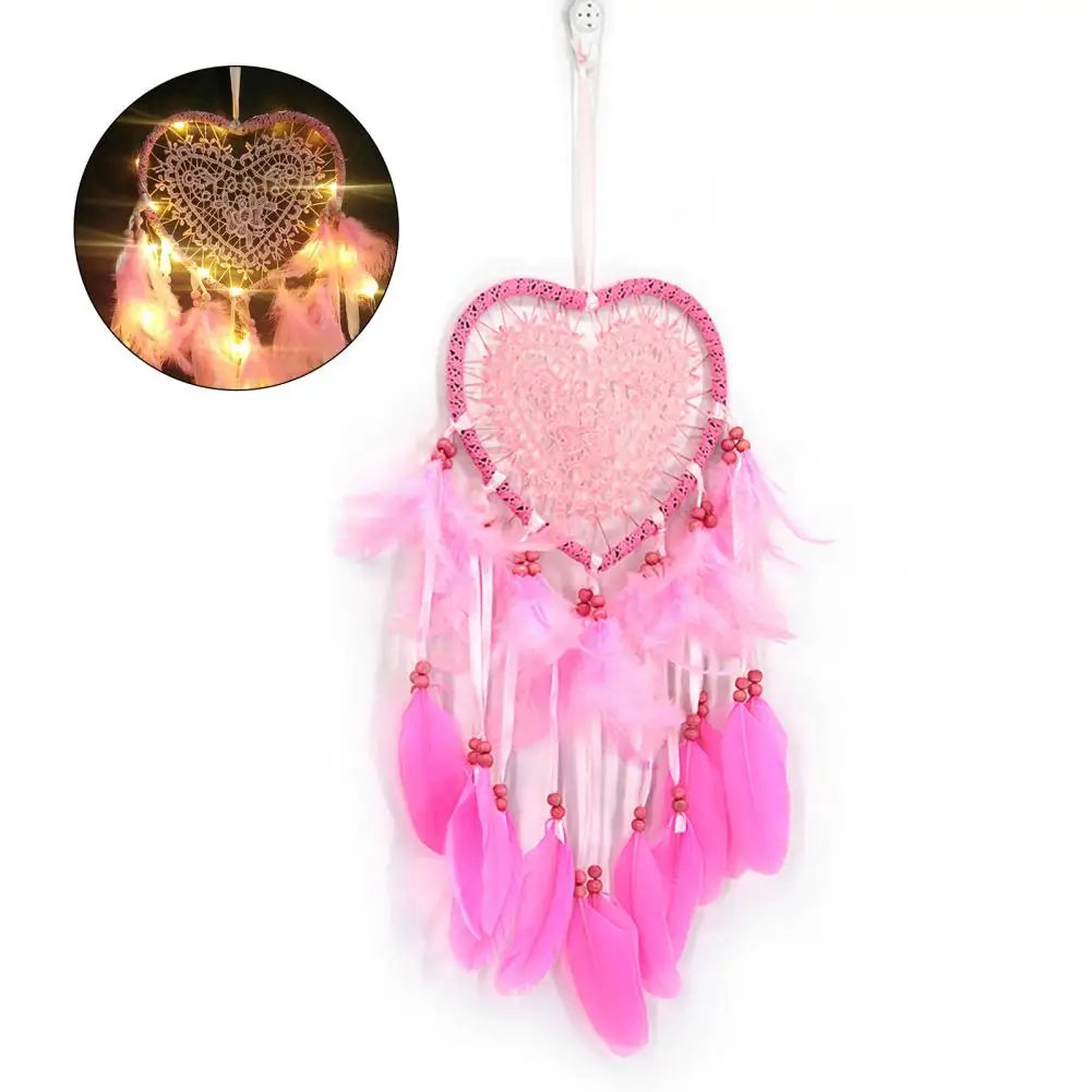 

60% Hot Sale Dreamcatcher Feather Decor Pendant Luminescent Ornament Heart Shape Design Hanging Dream Catcher for Bedroom
