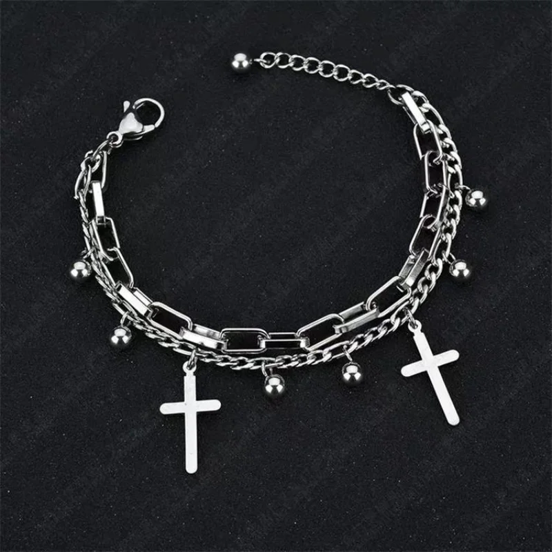 

Vintage bracelets Fashionable and versatile metal double cross pendants Multi-layered bracelets Couple's accessories