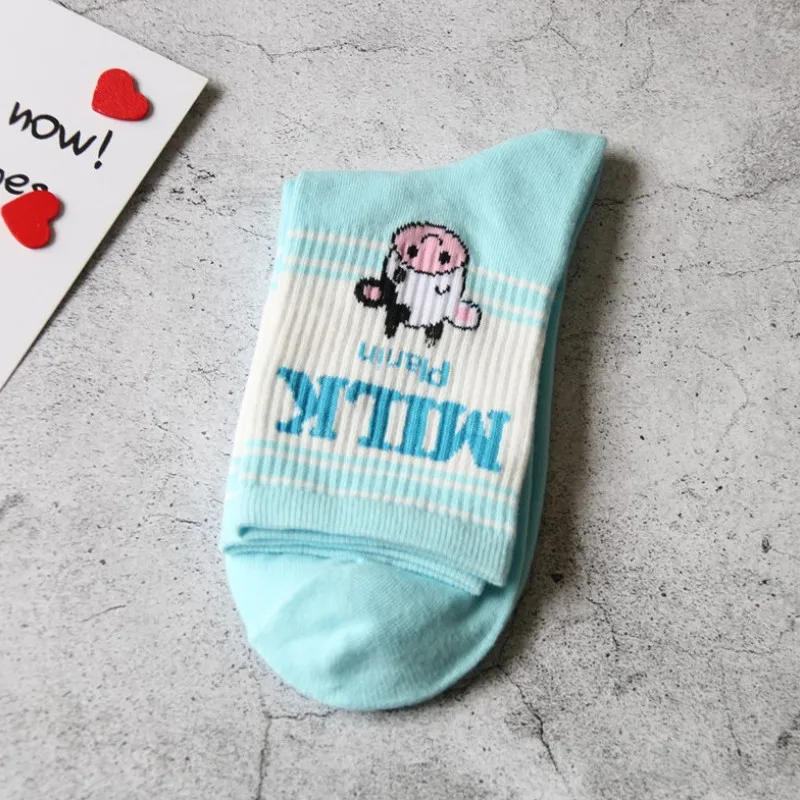 A Pile Heap Milk Women Pink Socks Cotton Cartoon Fruit Print Cute Socks Meias Korean Harajuku Style with Cow Strawberry Banana 39 - Цвет: A