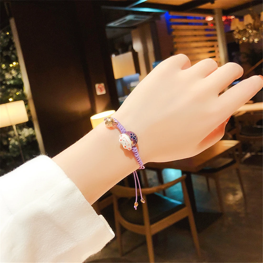 Новый Регулируемый браслет ручной работы с красочной веревкой счастливый кот