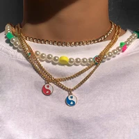 bohemia imitation pearl fruit beaded choker necklace multilayer heart metal clavicle chain smiley seed beads chain women jewelry