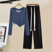 womens pants suit 2021 autumn new irregular long sleeve slim top trouser two piece korean elegant tracksuit female clothes set
