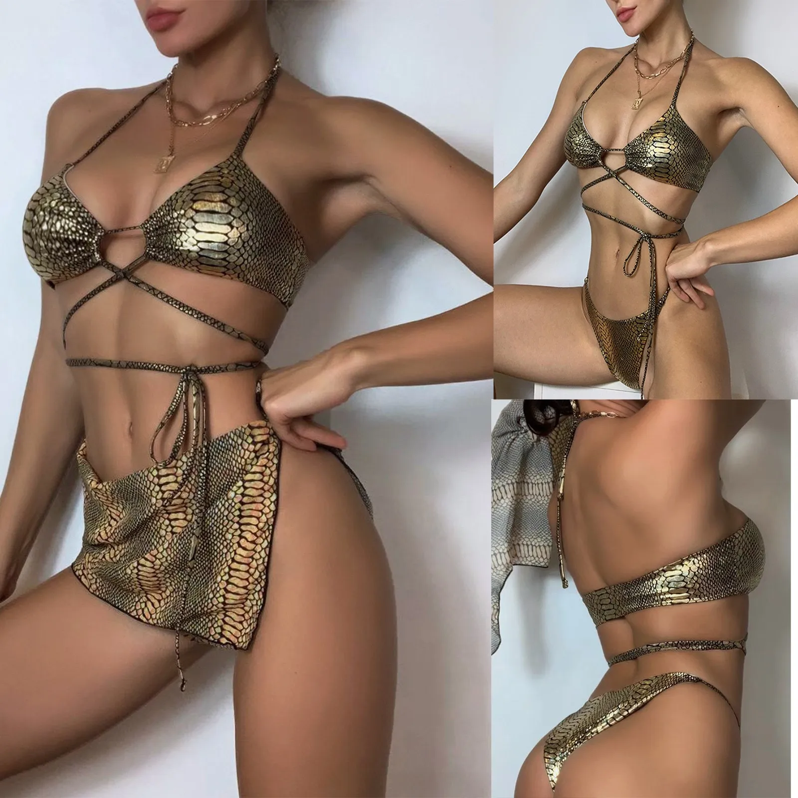 

bikini 2021 Women's Bikini Three Piece Open Back Sexy Bright Gold Split Swimsuit bathing suit women swimsuit women beach dress