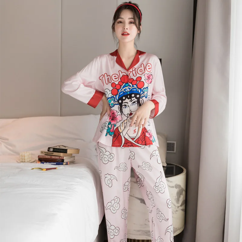 

New Ethnic Style Retro Simulation Silk Pajamas Ladies Home Service Viscose Fiber Long Sleeve Two-Piece Suit