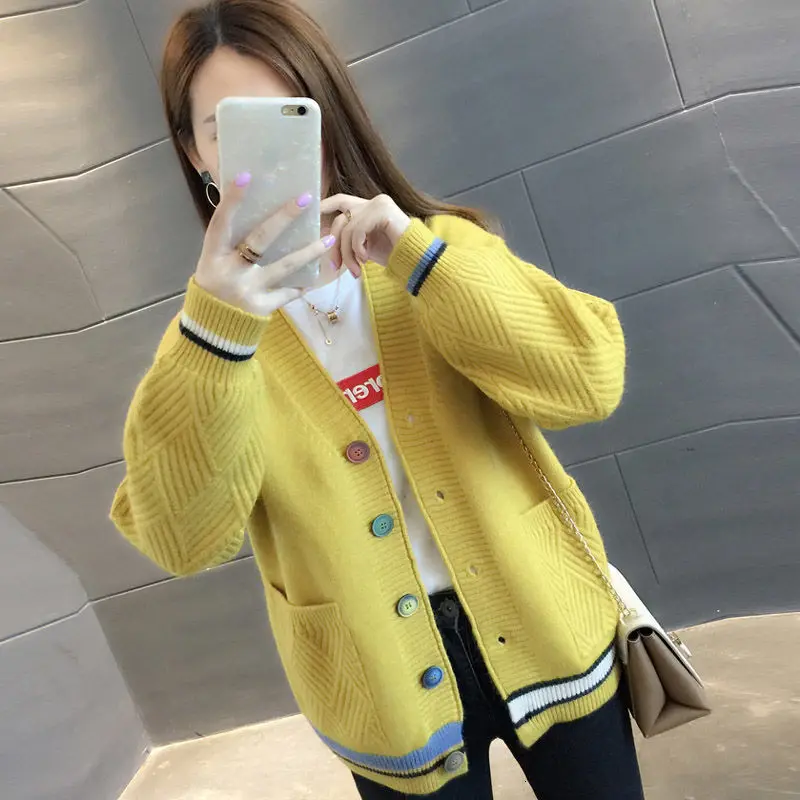 Knitted Cardigan Толстый кардиган женский весна осень длинный рукав вязанный v-образный вырез трикотажные женские шерстяные кофты Женский вязаный жакет Топы - Цвет: Knitted Cardigan