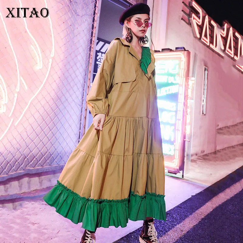 XITAO/платье большого размера, женское, цветное, с v-образным вырезом, плиссированное, свободное, модное, для отдыха,, новое, Осеннее, для женщин, платье WLD2459
