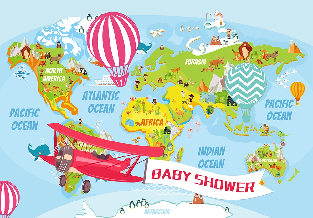 Adventure Theme Baby Shower Backdrop The Places he'll Go Airplane Birthday Party Vintage World Map Background Banner Decorations |