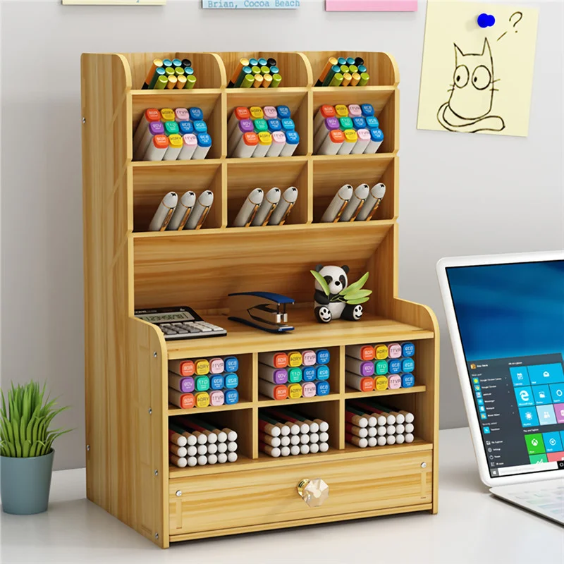 

2021 Creative Multi-function Wooden Desktop Pen Holder Office School Stationery Storage Stand Case Desk Pen Pencil Organizer