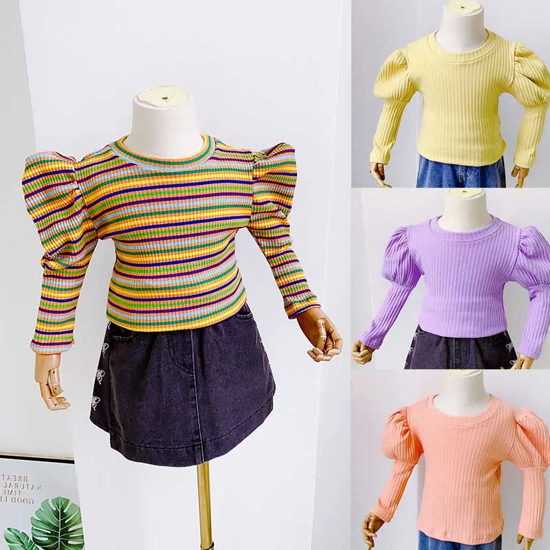 

Height 80-130cm New Girls Korean Puff Sleeve Bottoming T-Shirt Elastic Multicolor Tops Baby Children's Clothing