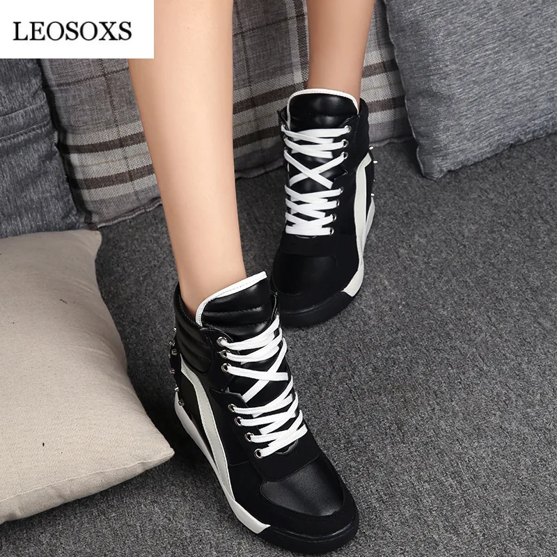LEOSOXS Rivet Women Sneakers Wedge Platform Female Casual Shoes High-Top Lace-Up Increase Vulcanized | Обувь