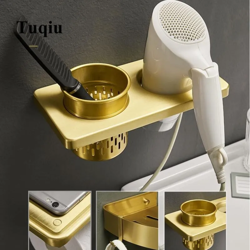Nail or Free Bathroom Shelf Cosmetic Rack Brushed Gold Bath Hair Dryer Holder Wall Mounted Aluminum | Обустройство дома