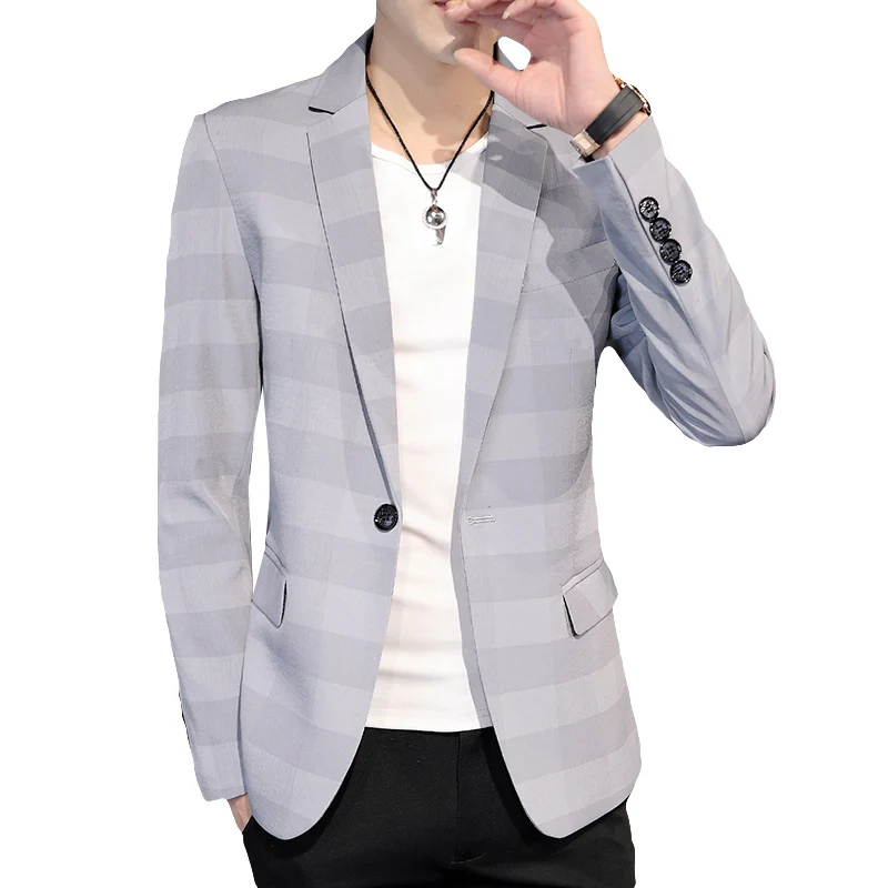 

Brand Spring Men Blazers Striped Casual Slim Suit Jacket Wedding Business Street Wear Social Dress Coat Veste Homme Costume