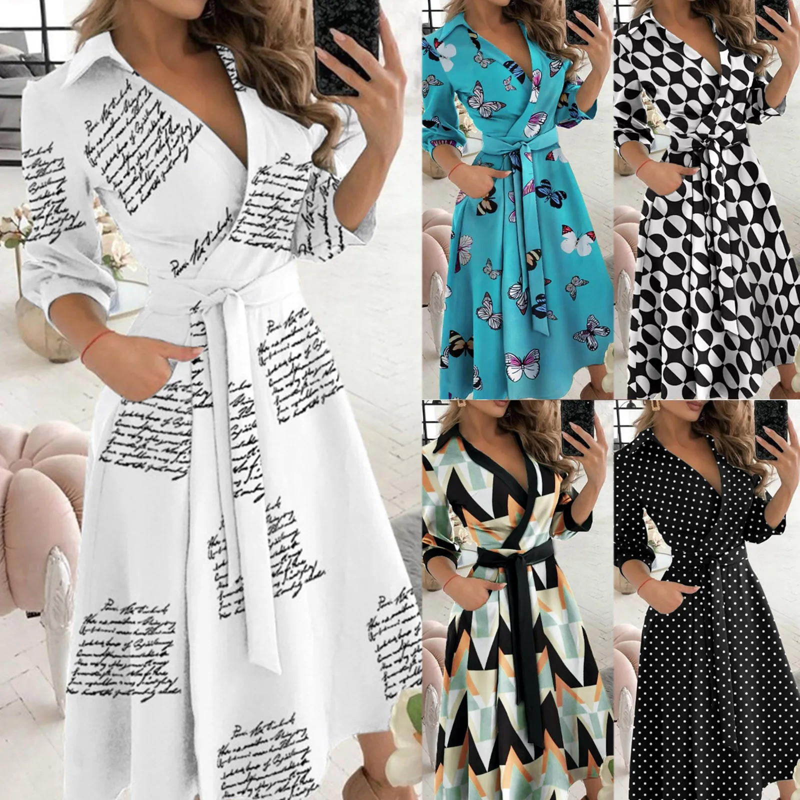 

Женское элегантное Привлекательное платье с V-образным вырезом, осеннее платье-трапеция в горошек с буквенным принтом, офисное женское Повс...