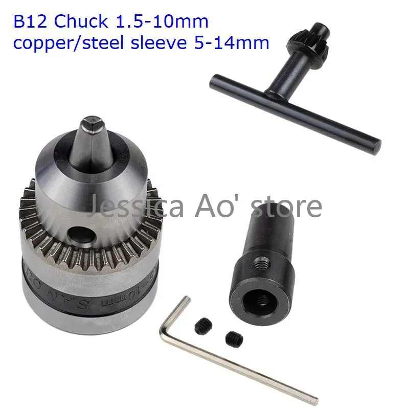 

1.5-10mm B12 Chuck Electric Drill Chuck Table Saw Mill Clamping Head with 5-14mm Copper Steel Sleeve Removable Tool Parts