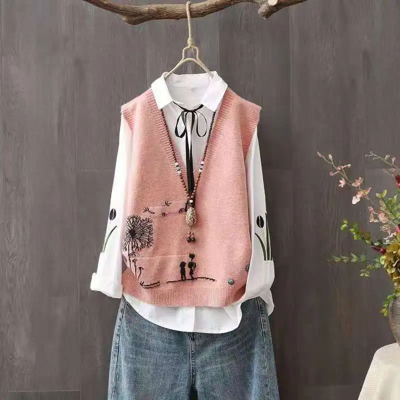 

Vests Women Simple Classic Spring Autumn Femme Knitted Outwear Young Lovely All-match Striped Schoolgirls Sleeveless Jacket