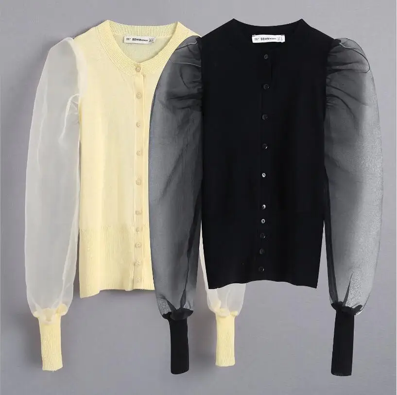 2019 осенний Стильный вязаный однобортный Кардиган из органзы с круглым вырезом и